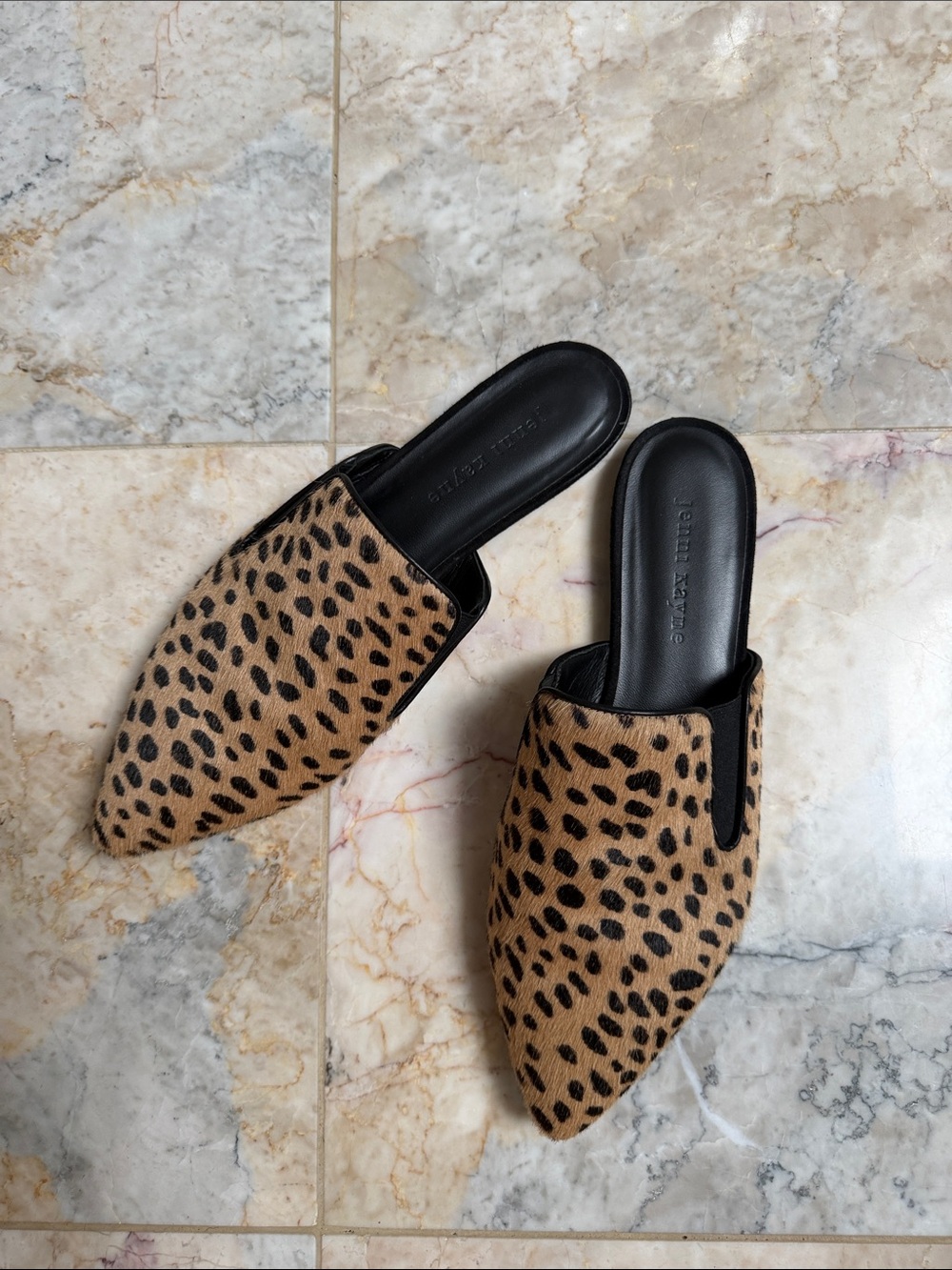 Jenni Kayne Leopard Print Pointed Slide Mules in Tan and Black